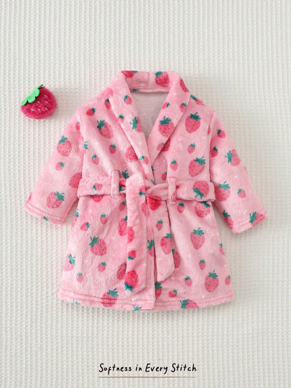 Loomiva Newborn Baby Fleece Pajamas, Pink Strawberry Print With Waist Tie, Long Sleeve Robe, Comfortable Homewear Set