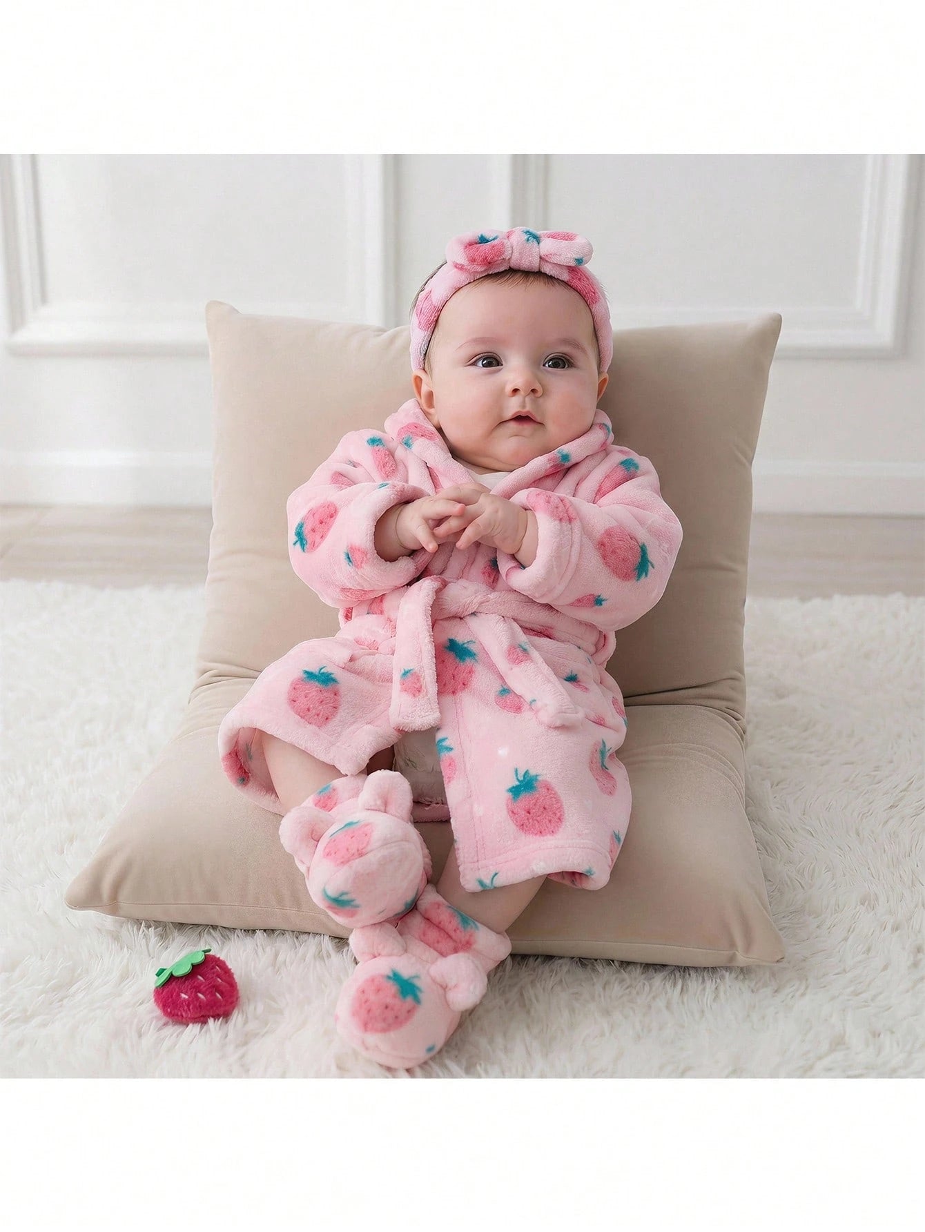 Loomiva Newborn Baby Fleece Pajamas, Pink Strawberry Print With Waist Tie, Long Sleeve Robe, Comfortable Homewear Set