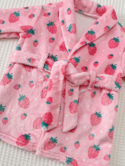 Loomiva Newborn Baby Fleece Pajamas, Pink Strawberry Print With Waist Tie, Long Sleeve Robe, Comfortable Homewear Set