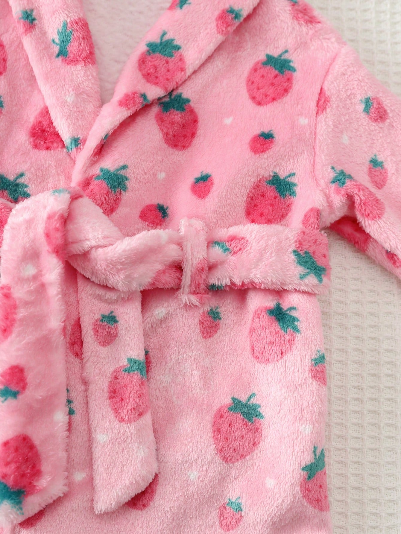 Loomiva Newborn Baby Fleece Pajamas, Pink Strawberry Print With Waist Tie, Long Sleeve Robe, Comfortable Homewear Set