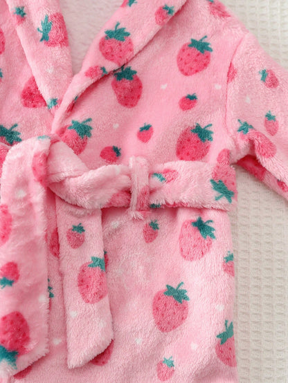 Loomiva Newborn Baby Fleece Pajamas, Pink Strawberry Print With Waist Tie, Long Sleeve Robe, Comfortable Homewear Set