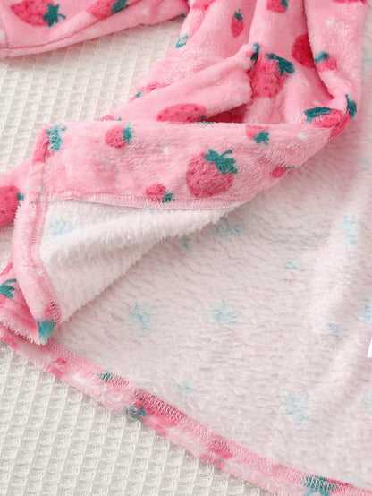 Loomiva Newborn Baby Fleece Pajamas, Pink Strawberry Print With Waist Tie, Long Sleeve Robe, Comfortable Homewear Set