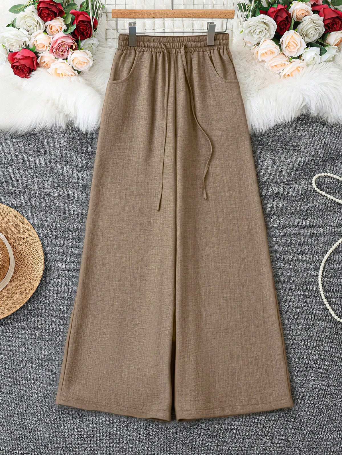 Loose Fit Women's Denim Effect Wide Leg Pants, Casual Long Pants With Drawstring Pockets, Creating Comfortable Everyday Look