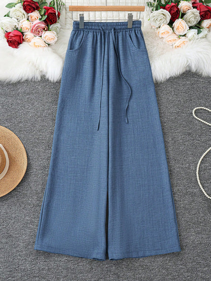 Loose Fit Women's Denim Effect Wide Leg Pants, Casual Long Pants With Drawstring Pockets, Creating Comfortable Everyday Look