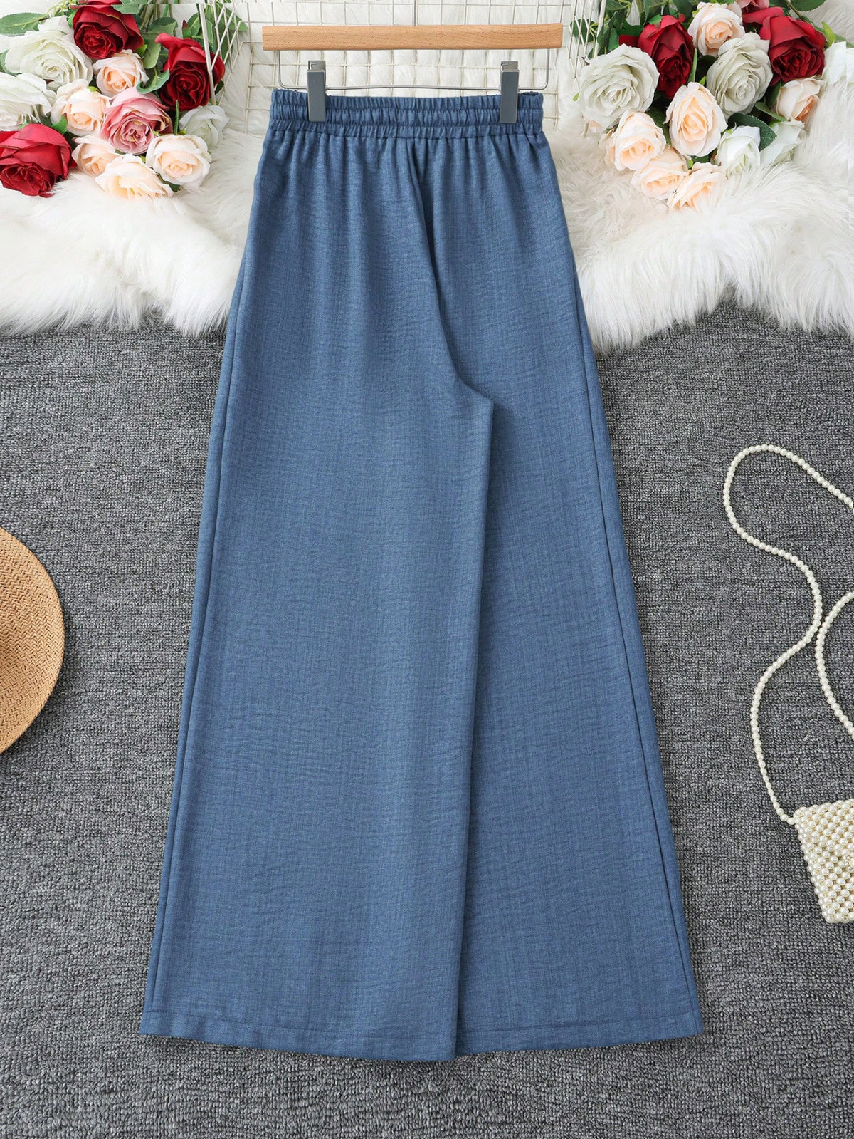 Loose Fit Women's Denim Effect Wide Leg Pants, Casual Long Pants With Drawstring Pockets, Creating Comfortable Everyday Look