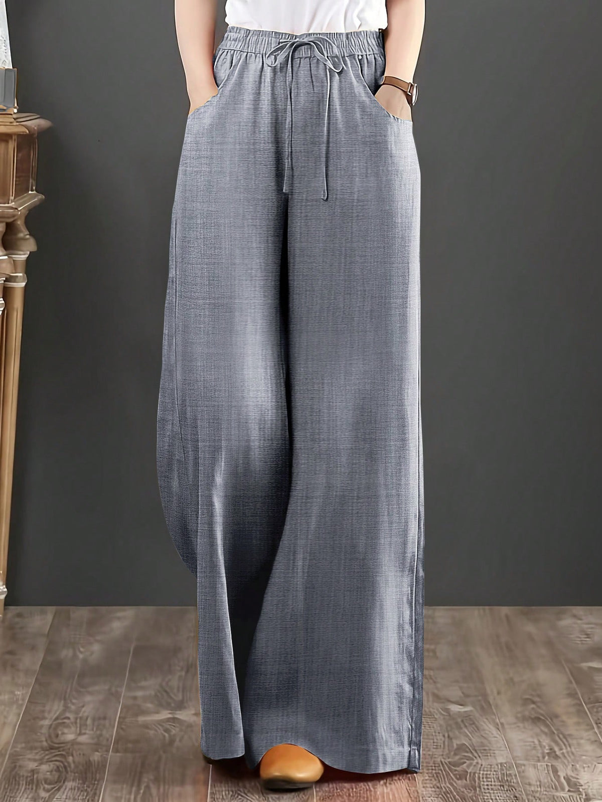 Loose Fit Women's Denim Effect Wide Leg Pants, Casual Long Pants With Drawstring Pockets, Creating Comfortable Everyday Look
