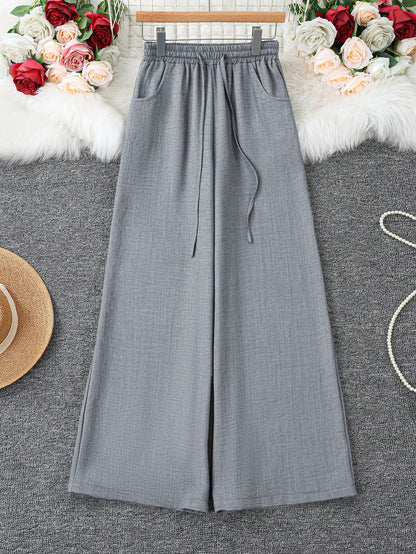 Loose Fit Women's Denim Effect Wide Leg Pants, Casual Long Pants With Drawstring Pockets, Creating Comfortable Everyday Look