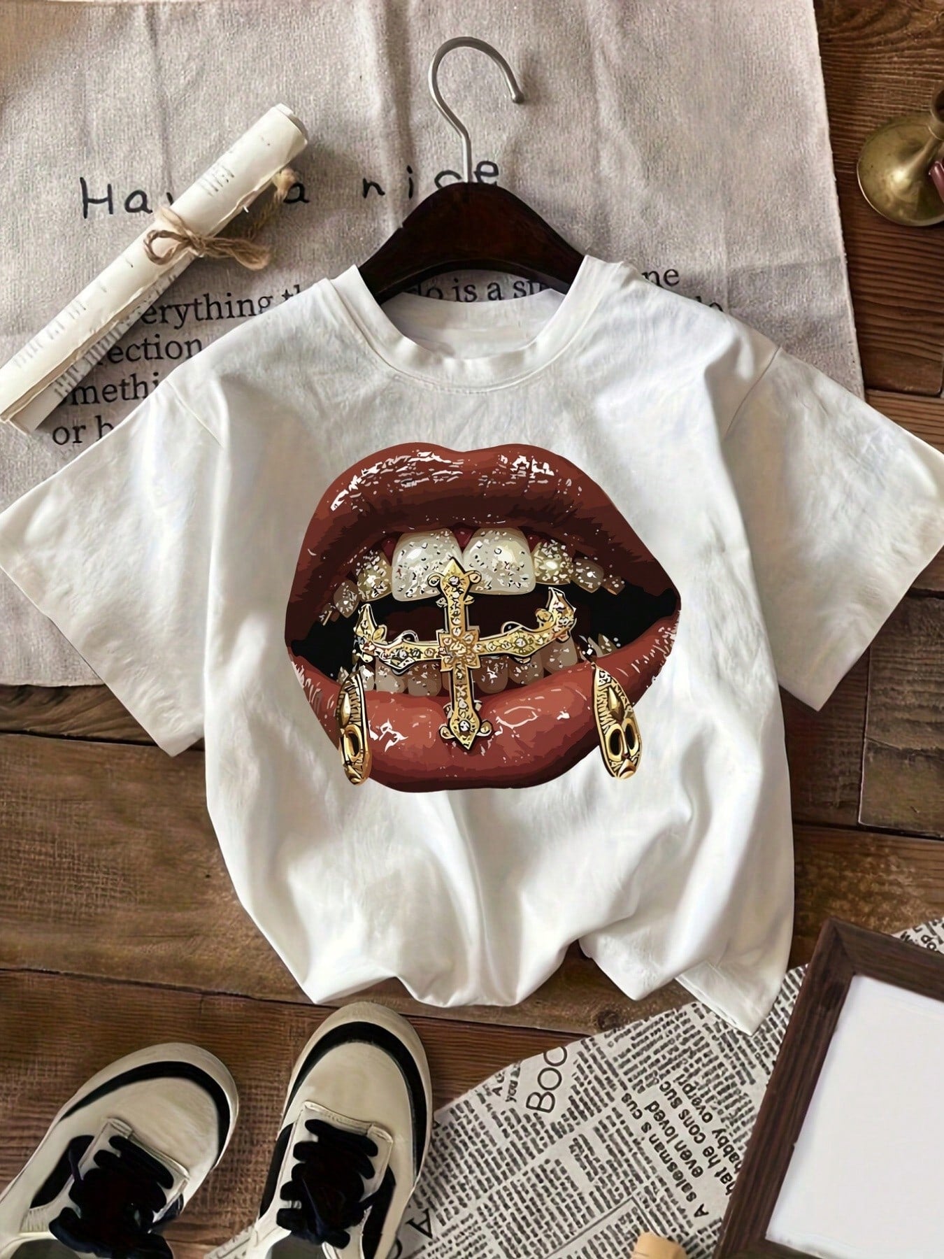 Loose-Fitting/ Plus Size Short-Sleeved, Hip-Hop Style, Women's Casual T-Shirt With Gold Teeth Print, Short-Sleeved Round-Neck Casual Top, For Summer