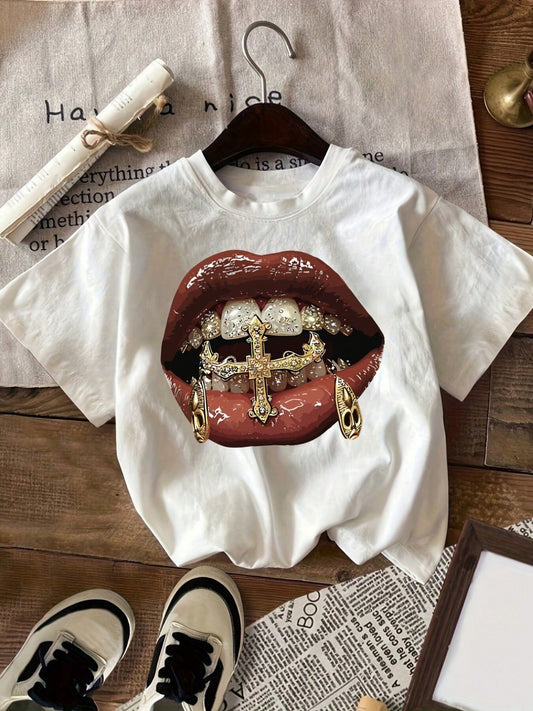 Loose-Fitting/ Plus Size Short-Sleeved, Hip-Hop Style, Women's Casual T-Shirt With Gold Teeth Print, Short-Sleeved Round-Neck Casual Top, For Summer