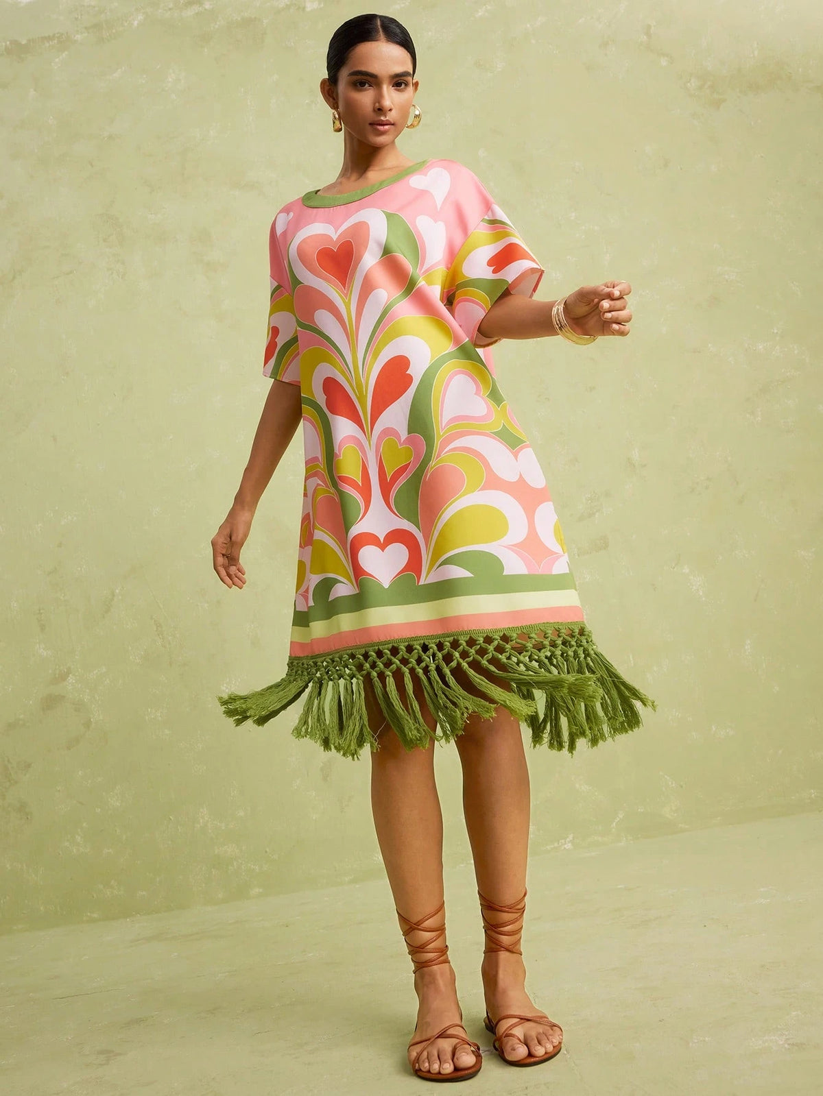 LOTSLUV Women's Spring/Summer Vacation Casual Boho Heart Floral Print Round Neck Loose Short Sleeve Patchwork Tassel Trim Short Dress Vacation Pink Green