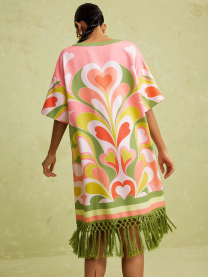 LOTSLUV Women's Spring/Summer Vacation Casual Boho Heart Floral Print Round Neck Loose Short Sleeve Patchwork Tassel Trim Short Dress Vacation Pink Green