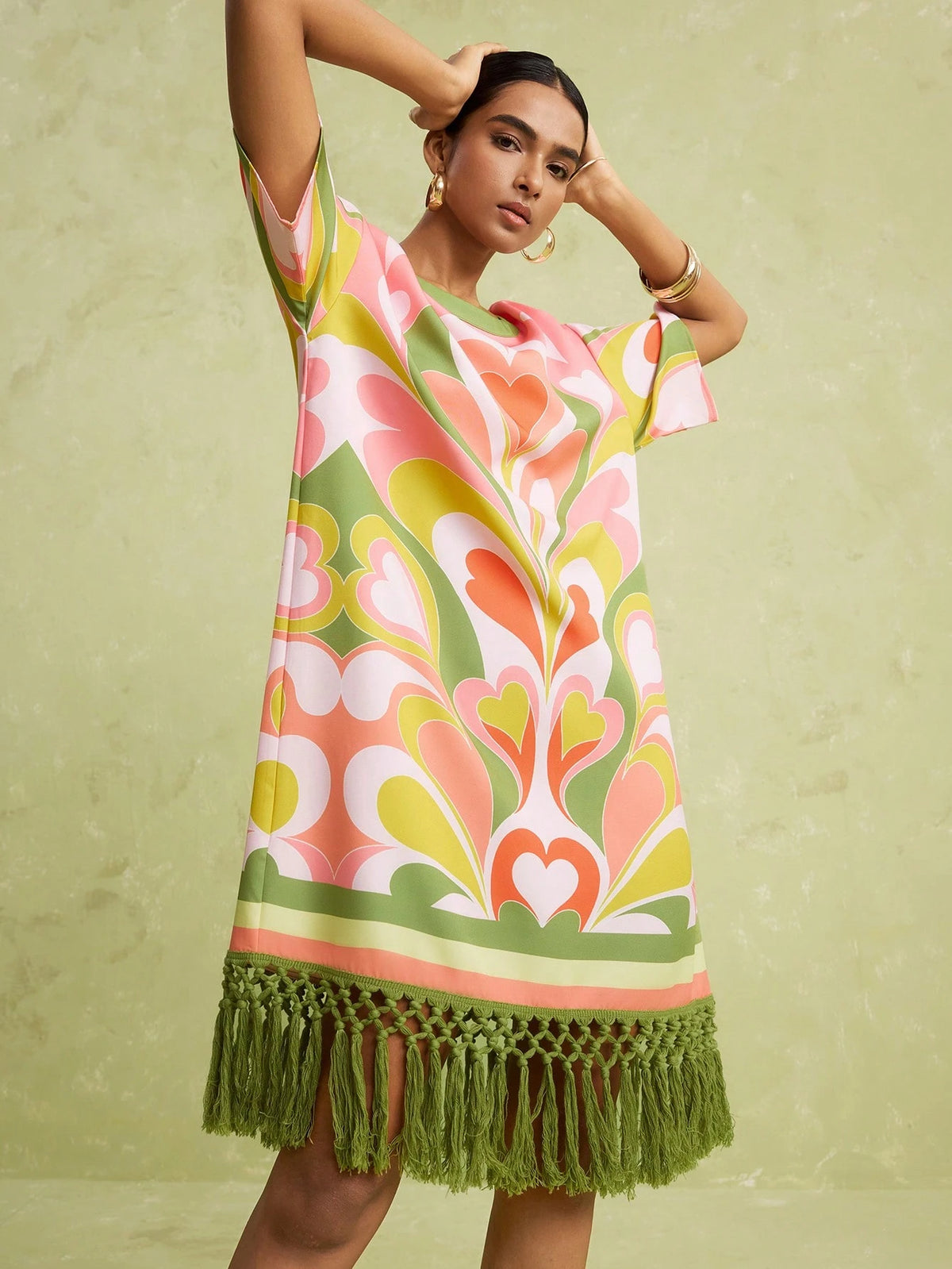 LOTSLUV Women's Spring/Summer Vacation Casual Boho Heart Floral Print Round Neck Loose Short Sleeve Patchwork Tassel Trim Short Dress Vacation Pink Green