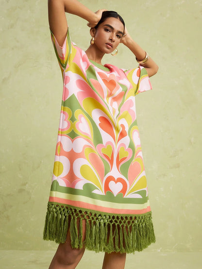 LOTSLUV Women's Spring/Summer Vacation Casual Boho Heart Floral Print Round Neck Loose Short Sleeve Patchwork Tassel Trim Short Dress Vacation Pink Green
