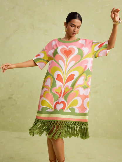 LOTSLUV Women's Spring/Summer Vacation Casual Boho Heart Floral Print Round Neck Loose Short Sleeve Patchwork Tassel Trim Short Dress Vacation Pink Green
