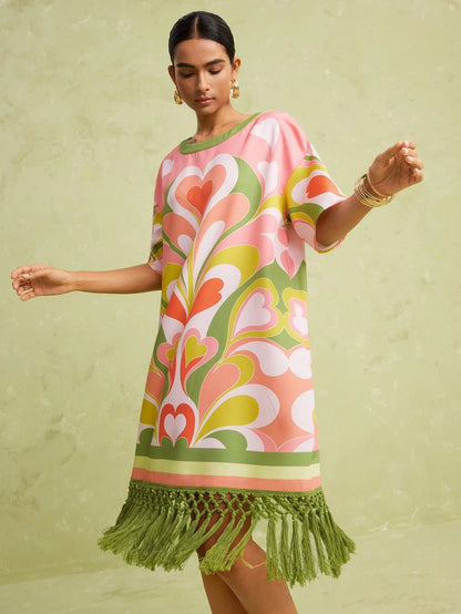 LOTSLUV Women's Spring/Summer Vacation Casual Boho Heart Floral Print Round Neck Loose Short Sleeve Patchwork Tassel Trim Short Dress Vacation Pink Green
