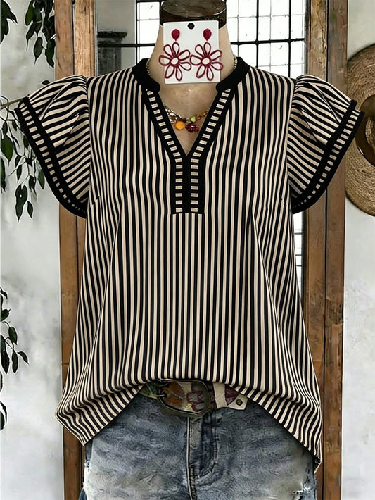 Louniche Women's Casual Striped V-Neck Top, Brown And White Color Block, Short Puff Sleeves With Contrast Trim, Loose Fit Everyday Blouse, Women's Summer Top, Women's Office Top