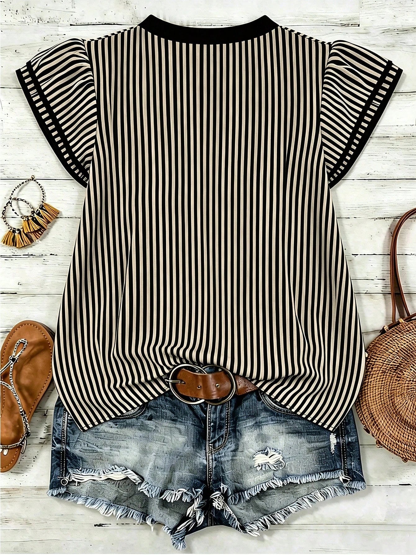 Louniche Women's Casual Striped V-Neck Top, Brown And White Color Block, Short Puff Sleeves With Contrast Trim, Loose Fit Everyday Blouse, Women's Summer Top, Women's Office Top
