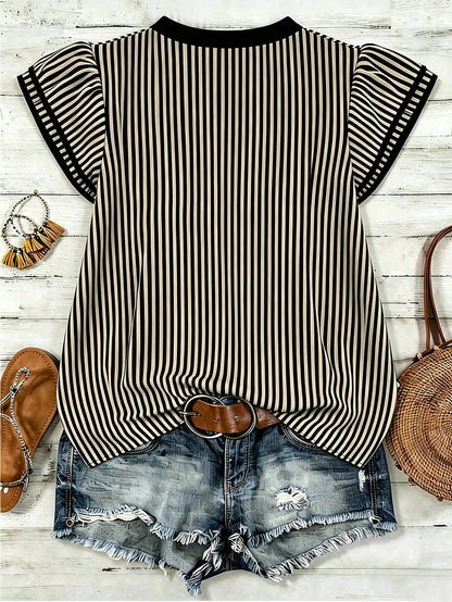 Louniche Women's Casual Striped V-Neck Top, Brown And White Color Block, Short Puff Sleeves With Contrast Trim, Loose Fit Everyday Blouse, Women's Summer Top, Women's Office Top