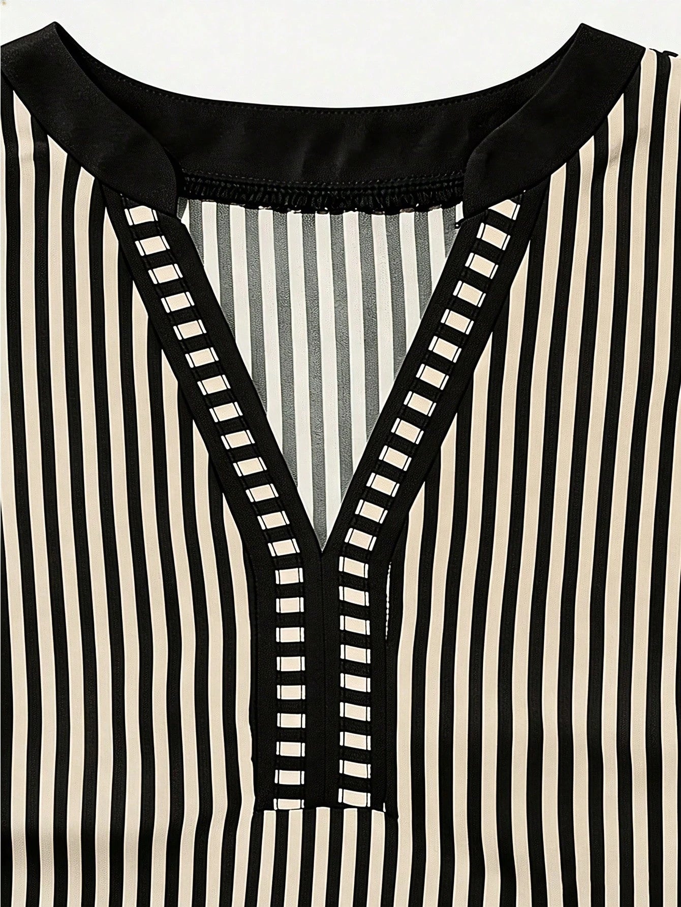 Louniche Women's Casual Striped V-Neck Top, Brown And White Color Block, Short Puff Sleeves With Contrast Trim, Loose Fit Everyday Blouse, Women's Summer Top, Women's Office Top