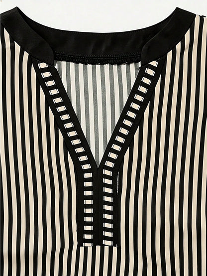 Louniche Women's Casual Striped V-Neck Top, Brown And White Color Block, Short Puff Sleeves With Contrast Trim, Loose Fit Everyday Blouse, Women's Summer Top, Women's Office Top
