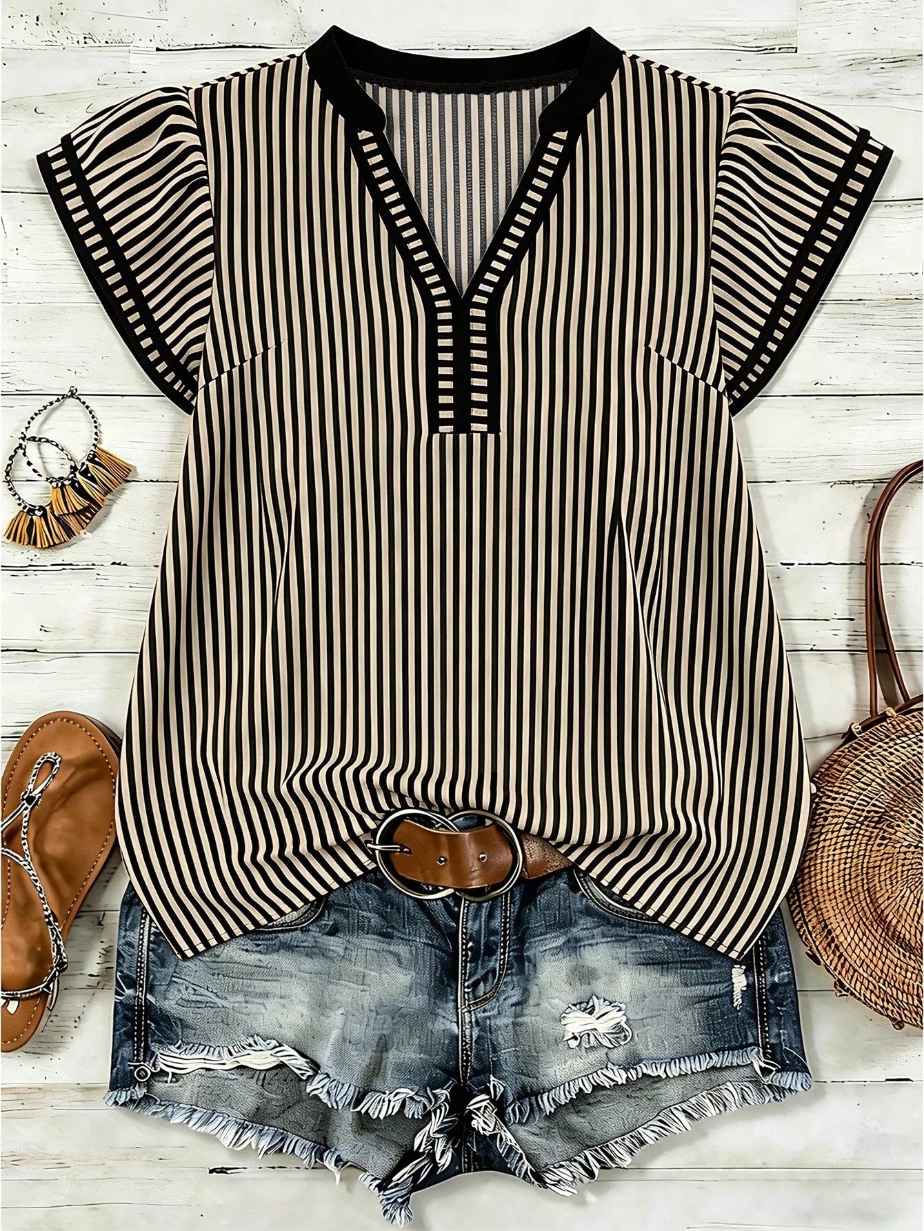 Louniche Women's Casual Striped V-Neck Top, Brown And White Color Block, Short Puff Sleeves With Contrast Trim, Loose Fit Everyday Blouse, Women's Summer Top, Women's Office Top