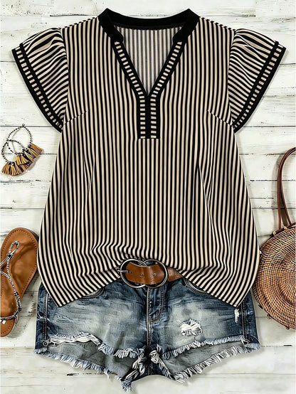 Louniche Women's Casual Striped V-Neck Top, Brown And White Color Block, Short Puff Sleeves With Contrast Trim, Loose Fit Everyday Blouse, Women's Summer Top, Women's Office Top