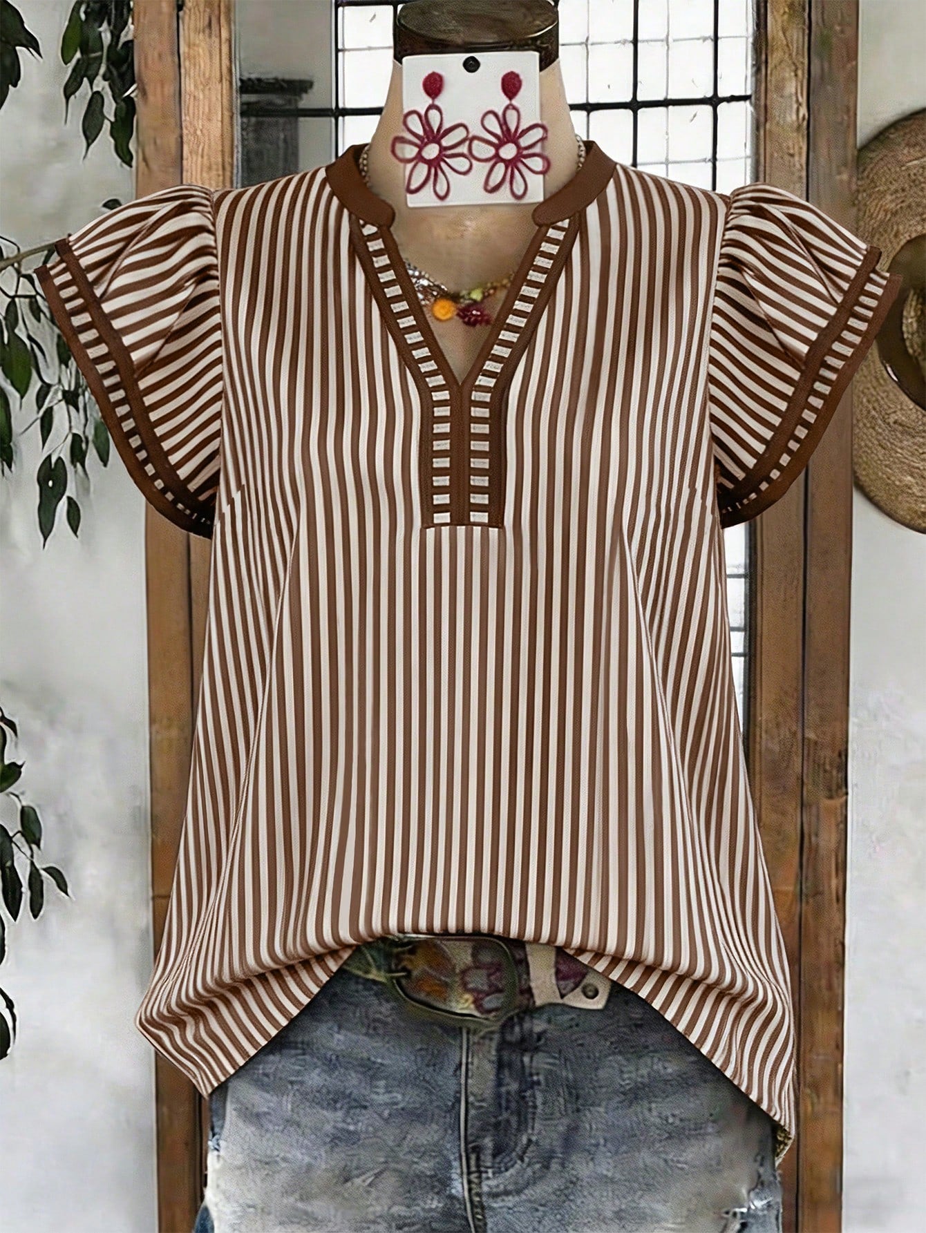Louniche Women's Casual Striped V-Neck Top, Brown And White Color Block, Short Puff Sleeves With Contrast Trim, Loose Fit Everyday Blouse, Women's Summer Top, Women's Office Top