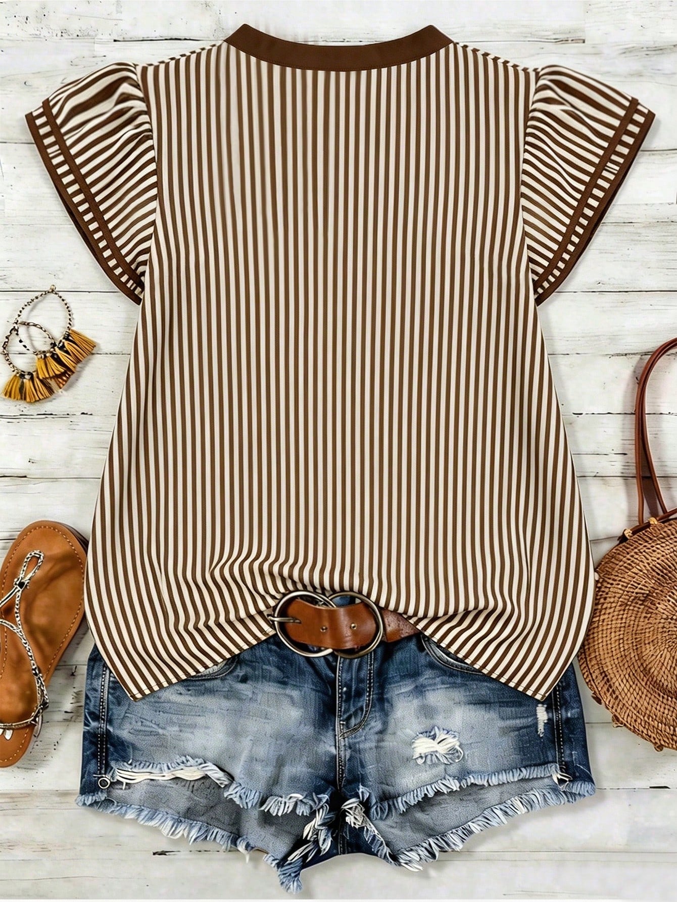 Louniche Women's Casual Striped V-Neck Top, Brown And White Color Block, Short Puff Sleeves With Contrast Trim, Loose Fit Everyday Blouse, Women's Summer Top, Women's Office Top