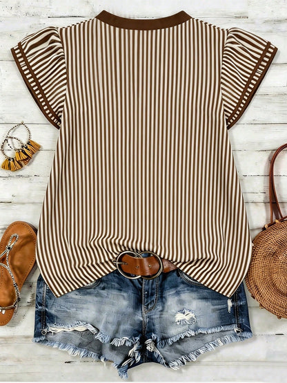 Louniche Women's Casual Striped V-Neck Top, Brown And White Color Block, Short Puff Sleeves With Contrast Trim, Loose Fit Everyday Blouse, Women's Summer Top, Women's Office Top