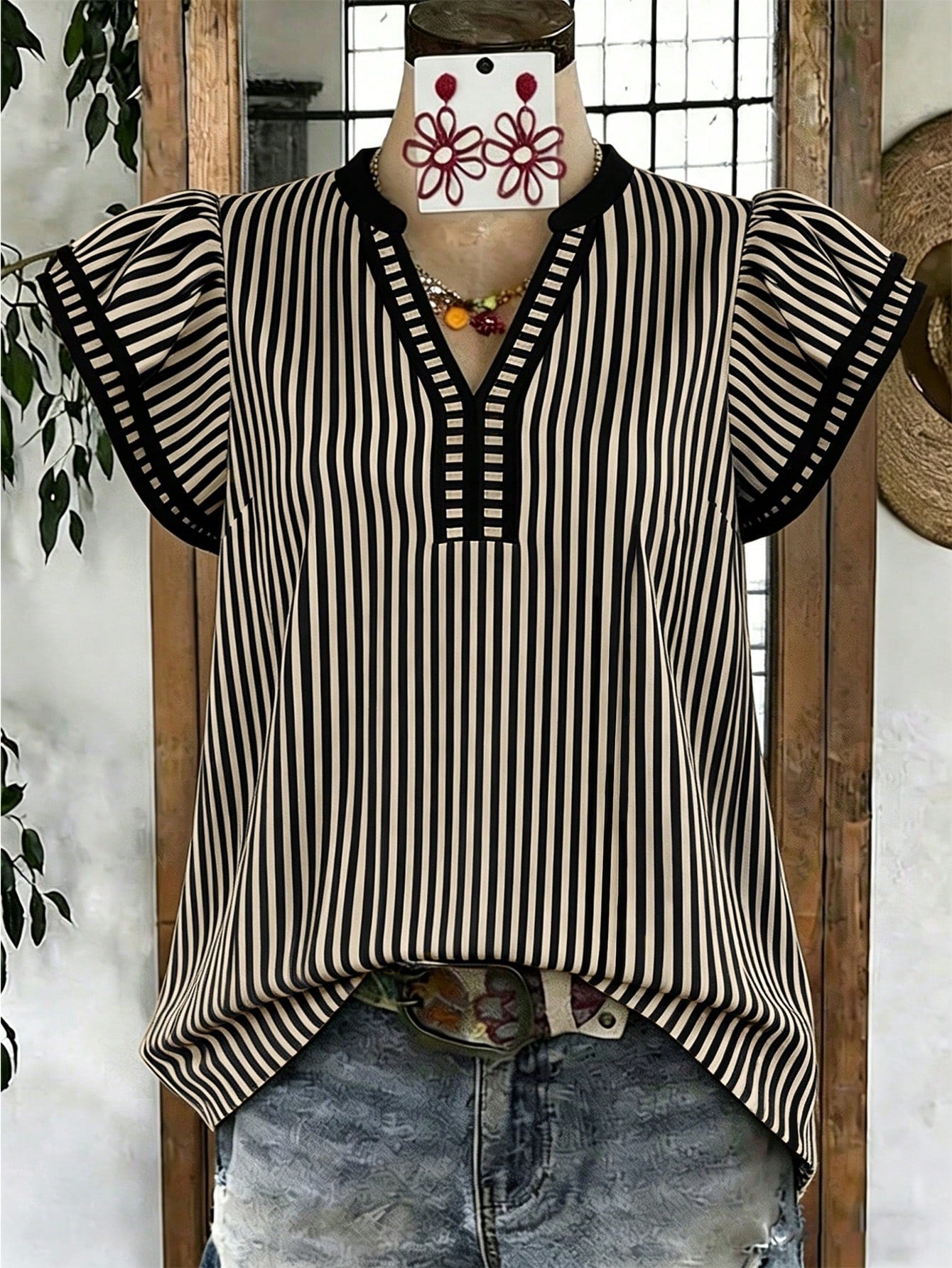 Louniche Women's Casual Striped V-Neck Top, Brown And White Color Block, Short Puff Sleeves With Contrast Trim, Loose Fit Everyday Blouse, Women's Summer Top, Women's Office Top