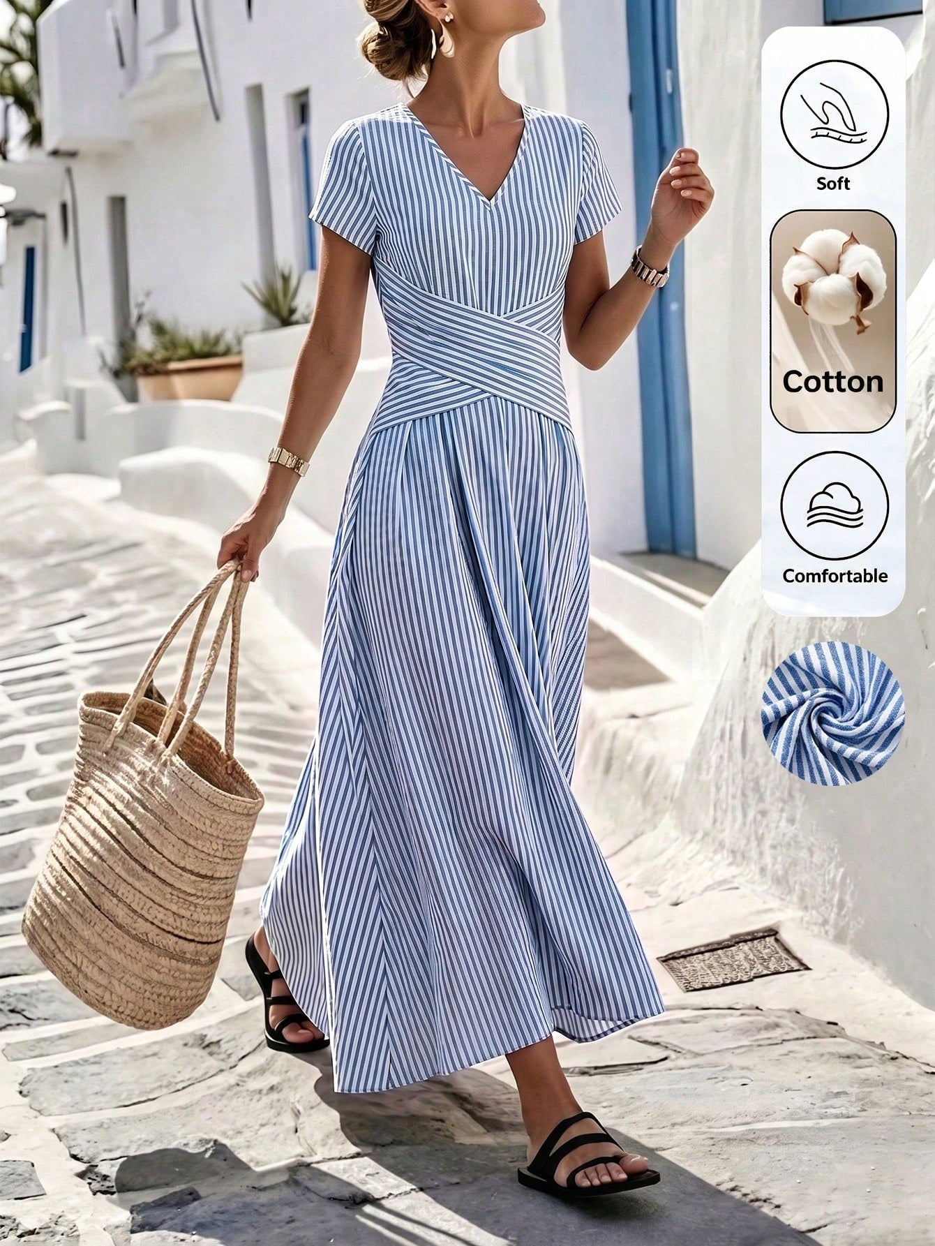 Louniche Women's Summer Autumn Blue & White Striped Fabric Design V-Neck Short Sleeve Cinched Waist Pleated Cross Design Flared Long Dress, Elegant Sophisticated Birthday Gift, Date Party Carnival Tra