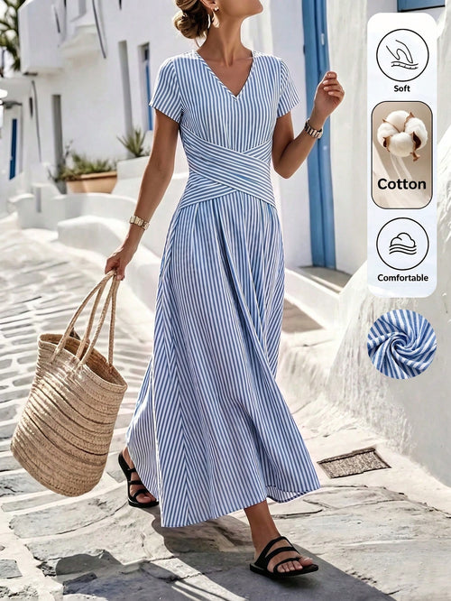 Louniche Women's Summer Autumn Blue & White Striped Fabric Design V-Neck Short Sleeve Cinched Waist Pleated Cross Design Flared Long Dress, Elegant Sophisticated Birthday Gift, Date Party Carnival Tra