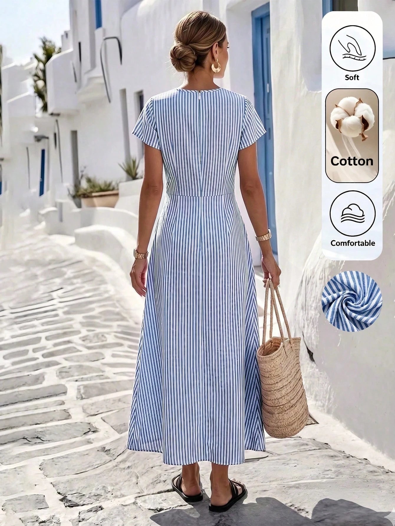 Louniche Women's Summer Autumn Blue & White Striped Fabric Design V-Neck Short Sleeve Cinched Waist Pleated Cross Design Flared Long Dress, Elegant Sophisticated Birthday Gift, Date Party Carnival Tra