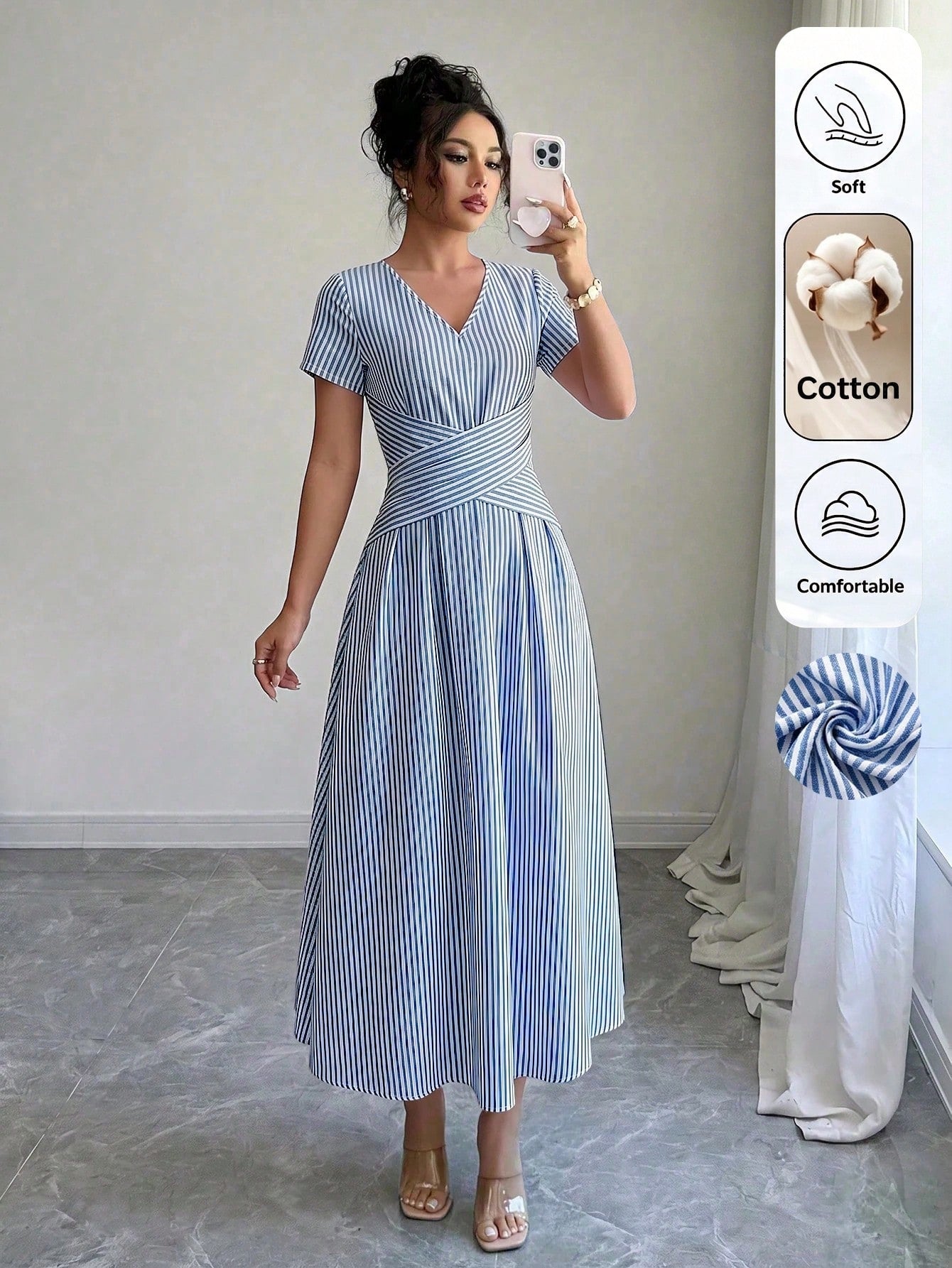 Louniche Women's Summer Autumn Blue & White Striped Fabric Design V-Neck Short Sleeve Cinched Waist Pleated Cross Design Flared Long Dress, Elegant Sophisticated Birthday Gift, Date Party Carnival Tra