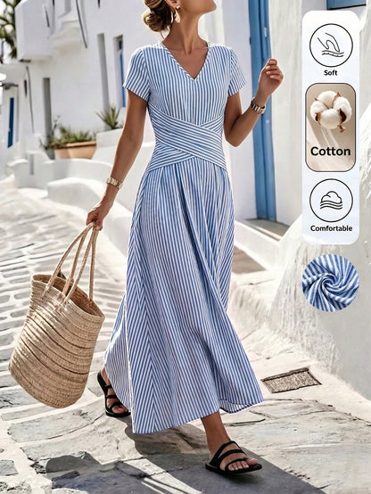 Louniche Women's Summer Autumn Blue & White Striped Fabric Design V-Neck Short Sleeve Cinched Waist Pleated Cross Design Flared Long Dress, Elegant Sophisticated Birthday Gift, Date Party Carnival Tra