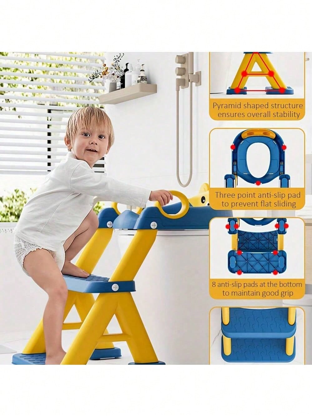 LOVEWE 1 Piece 2-In-1 Integrated Toddler Potty Training Ladder, Non-Slip Steps/Splash Guard/Waterproof Cushion, Toddler-Friendly, Stable