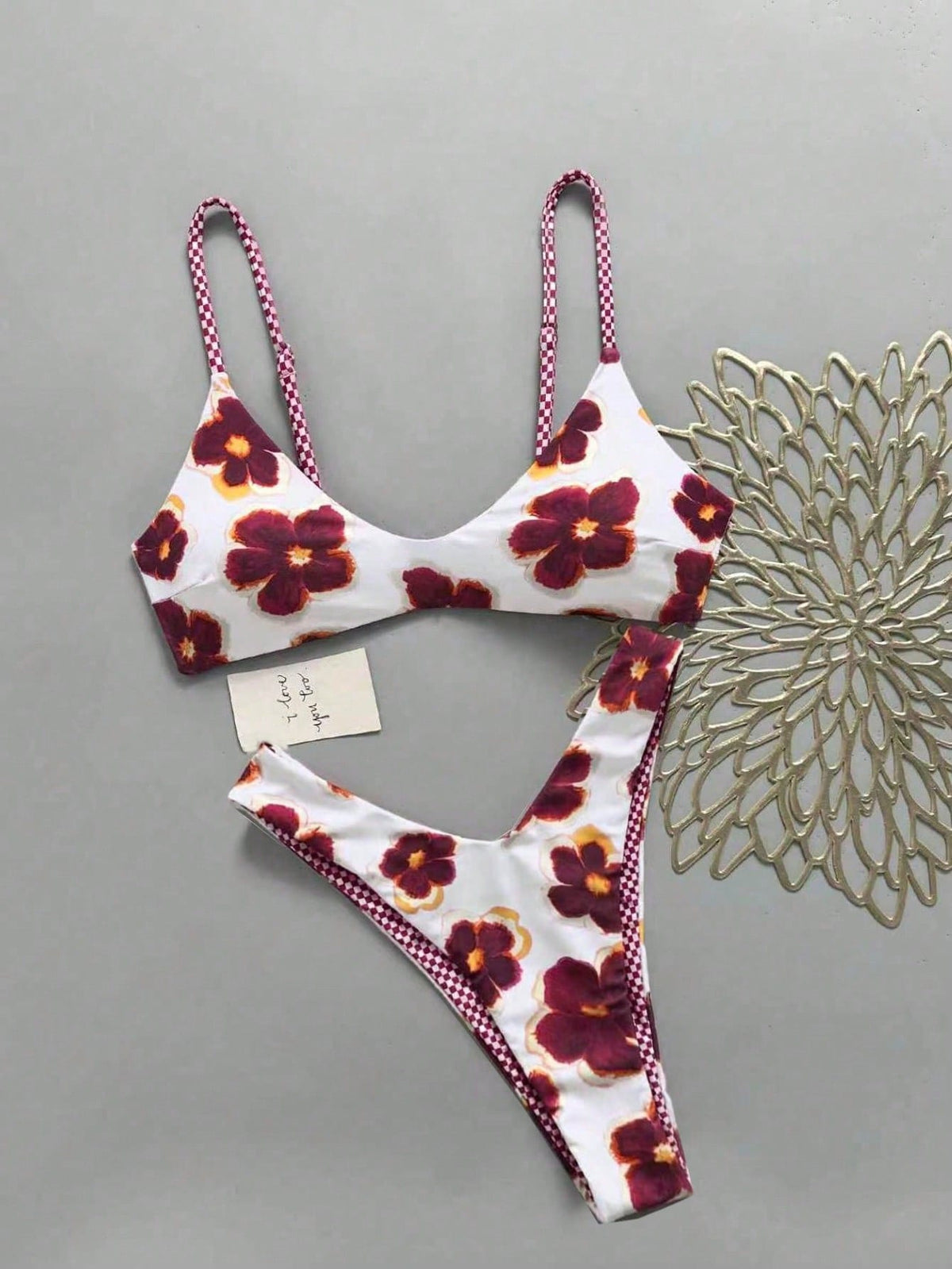 Lucky Girl Women's Reversible Plaid & Floral Print Tie-Back Two Pieces Bikini Set Set, Beach Vacation White Summer