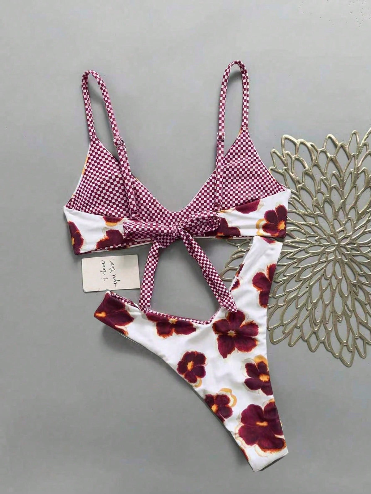 Lucky Girl Women's Reversible Plaid & Floral Print Tie-Back Two Pieces Bikini Set Set, Beach Vacation White Summer