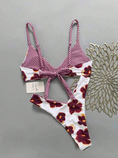 Lucky Girl Women's Reversible Plaid & Floral Print Tie-Back Two Pieces Bikini Set Set, Beach Vacation White Summer