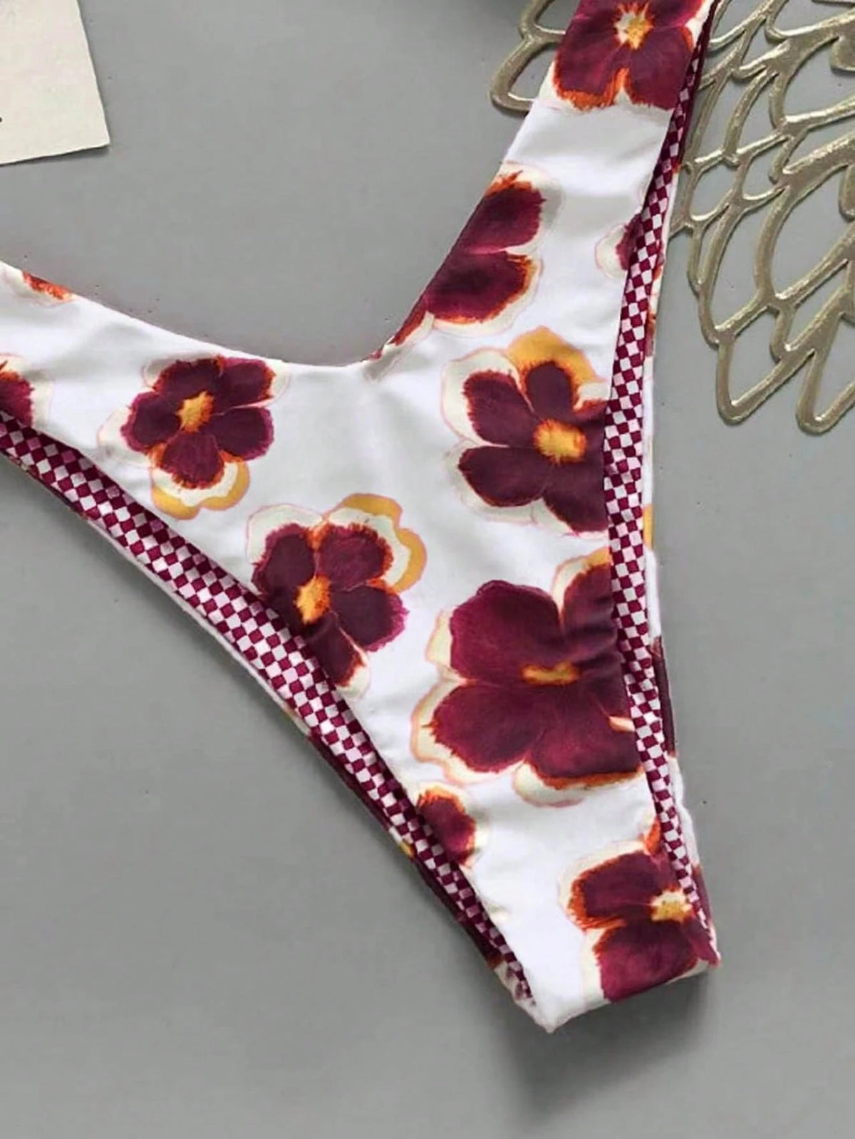 Lucky Girl Women's Reversible Plaid & Floral Print Tie-Back Two Pieces Bikini Set Set, Beach Vacation White Summer