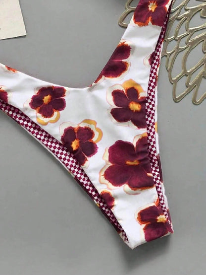Lucky Girl Women's Reversible Plaid & Floral Print Tie-Back Two Pieces Bikini Set Set, Beach Vacation White Summer