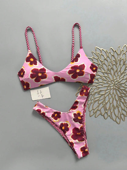 Lucky Girl Women's Reversible Plaid & Floral Print Tie-Back Two Pieces Bikini Set Set, Beach Vacation White Summer