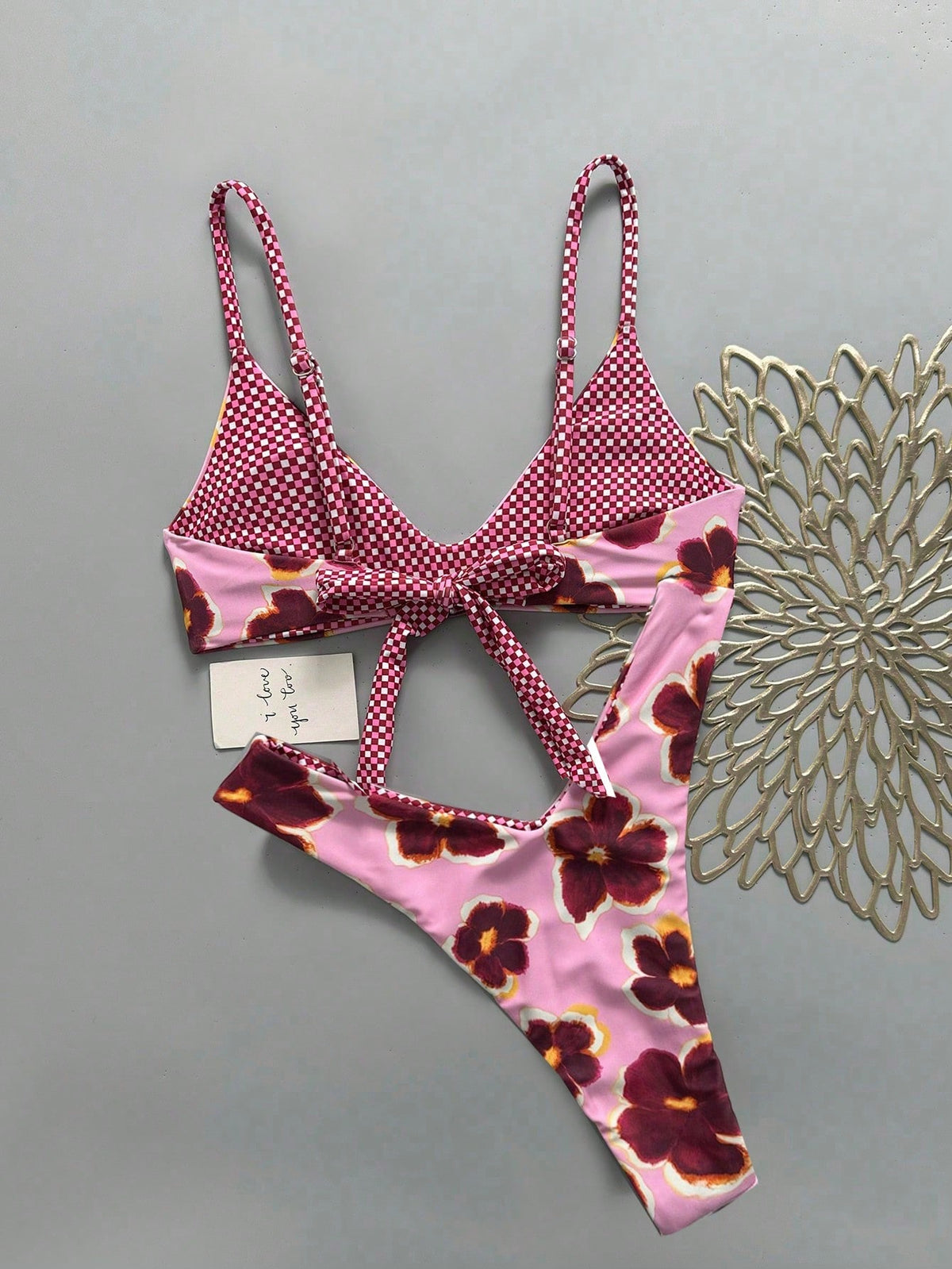 Lucky Girl Women's Reversible Plaid & Floral Print Tie-Back Two Pieces Bikini Set Set, Beach Vacation White Summer