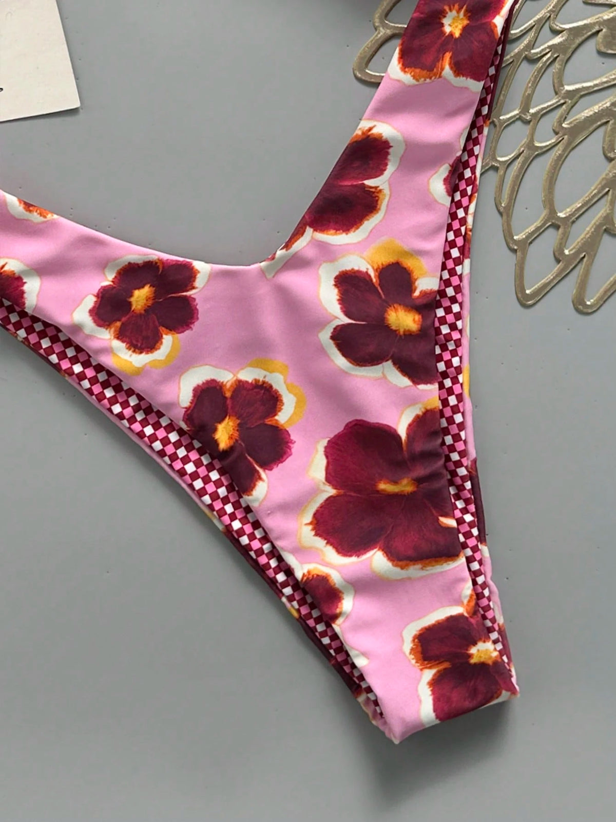 Lucky Girl Women's Reversible Plaid & Floral Print Tie-Back Two Pieces Bikini Set Set, Beach Vacation White Summer