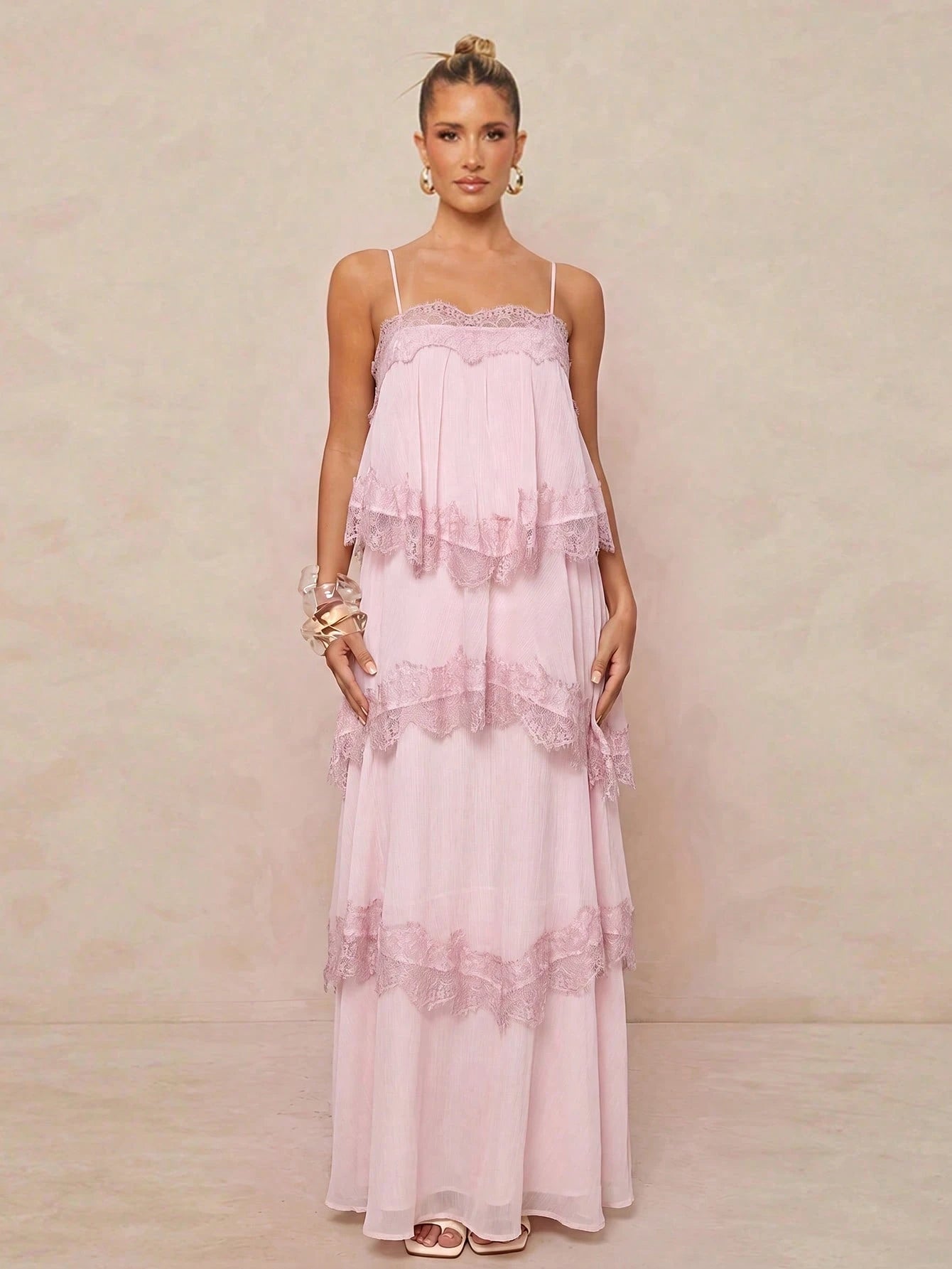 Lumalex Spring/Summer New Chiffon Ruched Contrast Lace Adjustable Strap Backless Dress