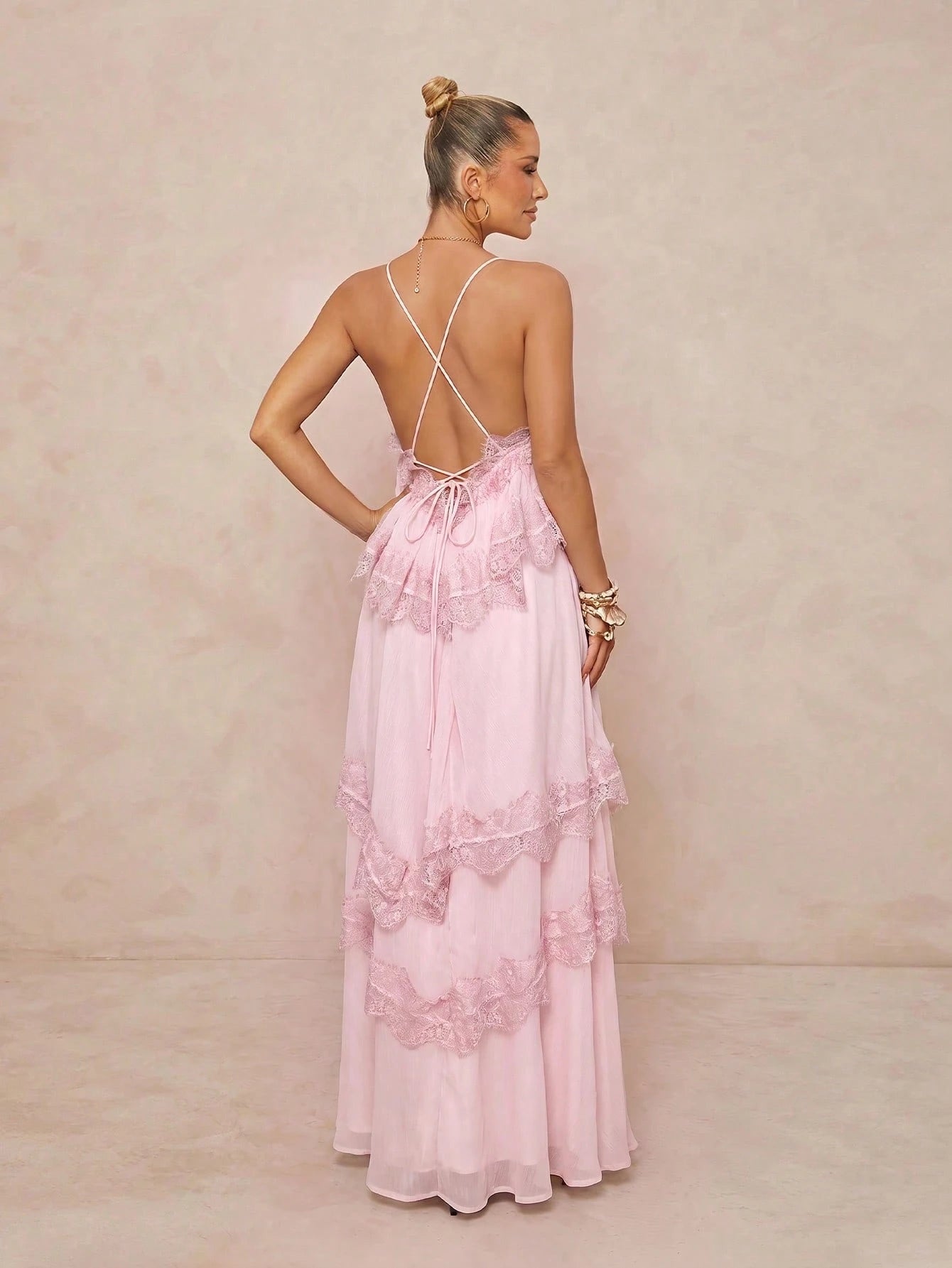 Lumalex Spring/Summer New Chiffon Ruched Contrast Lace Adjustable Strap Backless Dress
