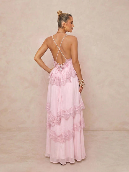 Lumalex Spring/Summer New Chiffon Ruched Contrast Lace Adjustable Strap Backless Dress