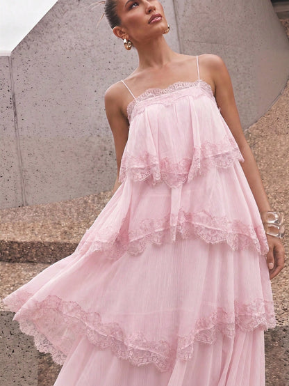Lumalex Spring/Summer New Chiffon Ruched Contrast Lace Adjustable Strap Backless Dress