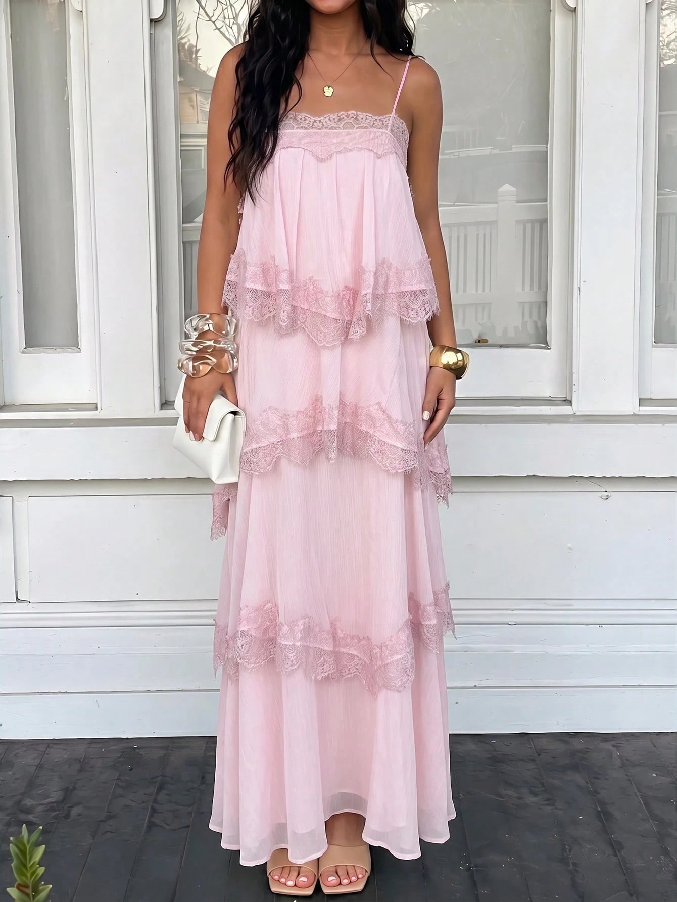 Lumalex Spring/Summer New Chiffon Ruched Contrast Lace Adjustable Strap Backless Dress