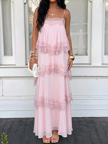 Lumalex Spring/Summer New Chiffon Ruched Contrast Lace Adjustable Strap Backless Dress